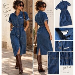 90s IDEAS Denim Utility Shirt Autumn Fall Dress Button Snaps Pockets Midi M